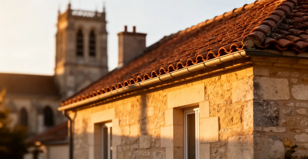 Vue d'une maison traditionnelle française avec tuiles rouges et enduit clair située près d'un monument historique, éclairage doré de fin d'après-midi