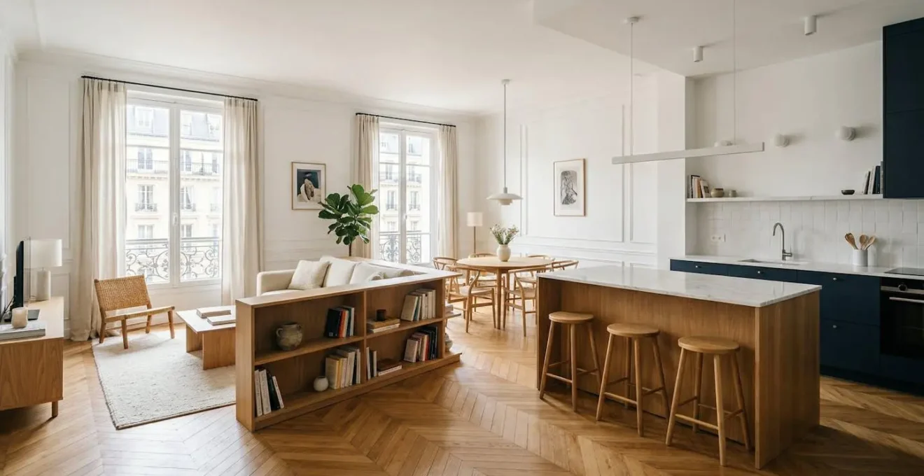 Pièce de vie ouverte de 50m² avec cuisine, salon et salle à manger harmonieusement agencés