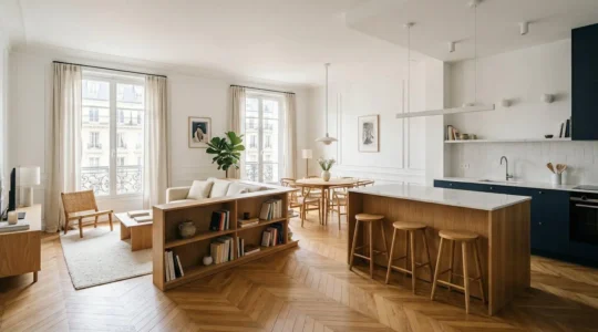 Pièce de vie ouverte de 50m² avec cuisine, salon et salle à manger harmonieusement agencés