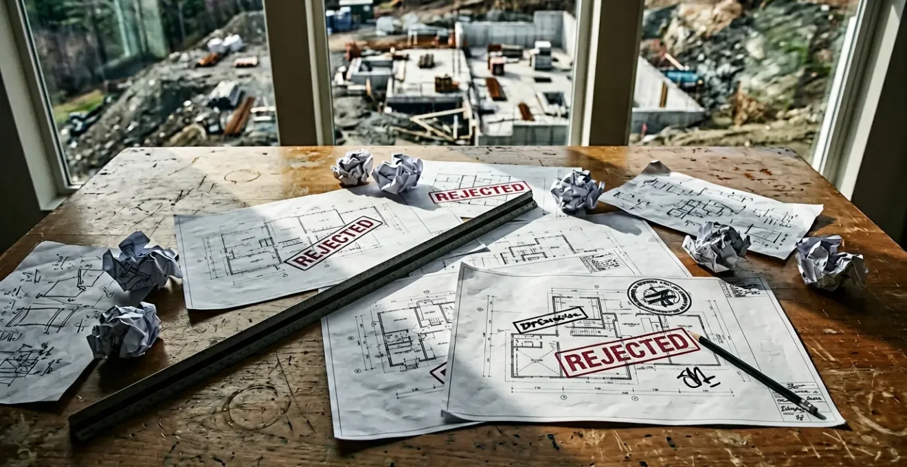 Bureau d'architecte avec plans rejetés et tampons officiels de refus sur fond de construction problématique