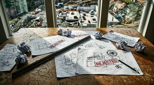 Bureau d'architecte avec plans rejetés et tampons officiels de refus sur fond de construction problématique