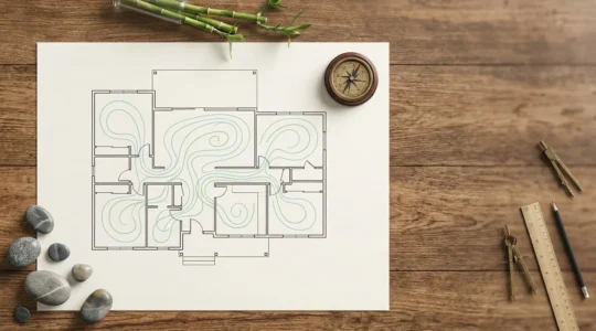 Perspective aérienne d'un plan de maison avec flux d'énergie visible et symboles feng shui intégrés