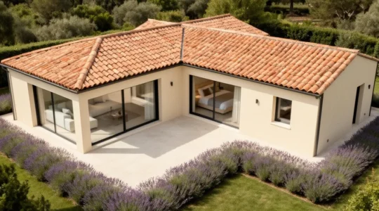 Vue aérienne d'une maison plain-pied moderne avec séparation claire entre zone jour et zone nuit