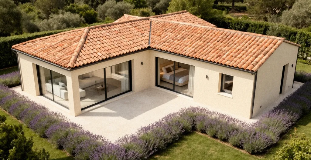 Vue aérienne d'une maison plain-pied moderne avec séparation claire entre zone jour et zone nuit