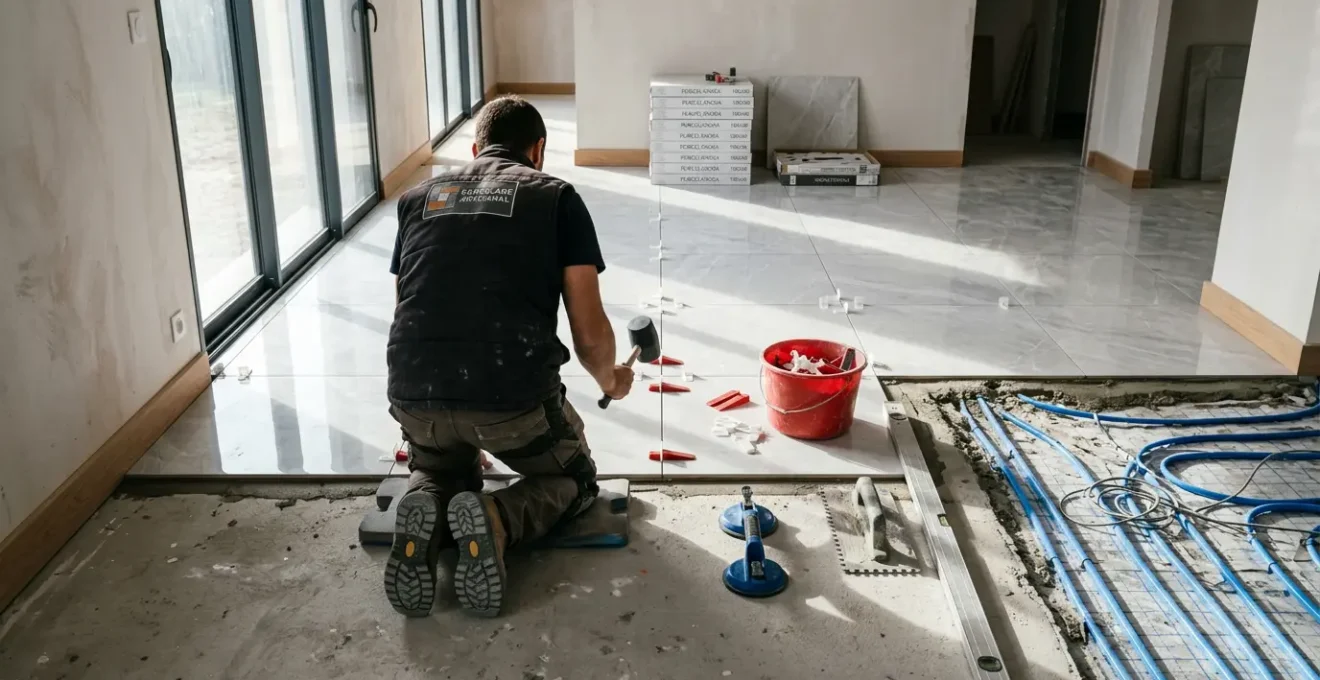 Pose professionnelle d'un carrelage grand format 120x120 avec système d'autonivelant