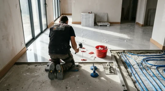 Pose professionnelle d'un carrelage grand format 120x120 avec système d'autonivelant