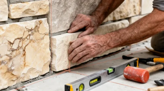 Main d'artisan expert manipulant une pierre naturelle avec précision lors de la pose, mettant en évidence les détails techniques du travail professionnel