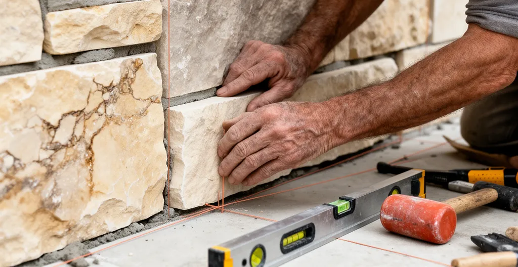Main d'artisan expert manipulant une pierre naturelle avec précision lors de la pose, mettant en évidence les détails techniques du travail professionnel