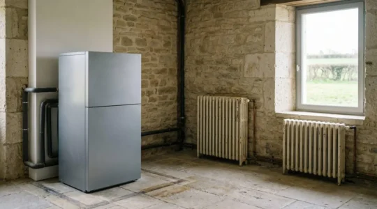Installation d'une pompe à chaleur moderne dans une maison française avec des radiateurs en fonte visibles