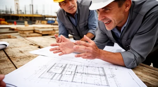 Réunion de chantier entre maître d'ouvrage et équipe de maîtrise d'œuvre dans un environnement professionnel