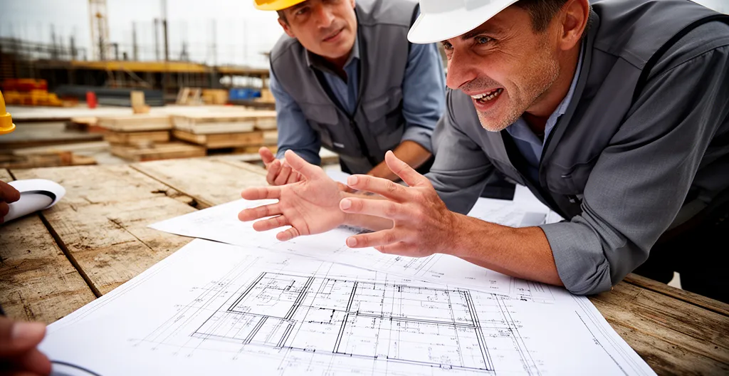 Réunion de chantier entre maître d'ouvrage et équipe de maîtrise d'œuvre dans un environnement professionnel