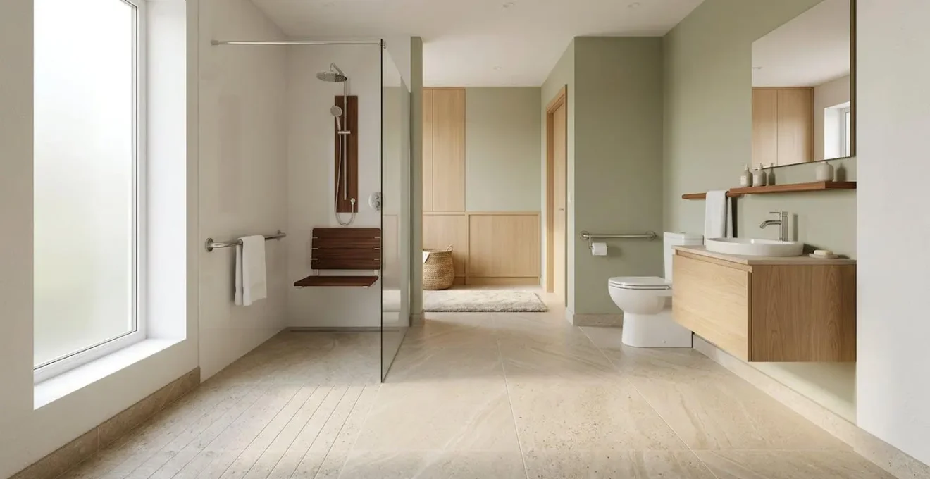 Salle de bain moderne et sécurisée pour senior avec douche à l'italienne, barres d'appui design et éclairage chaleureux
