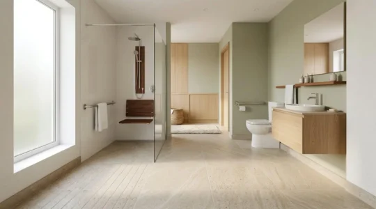 Salle de bain moderne et sécurisée pour senior avec douche à l'italienne, barres d'appui design et éclairage chaleureux