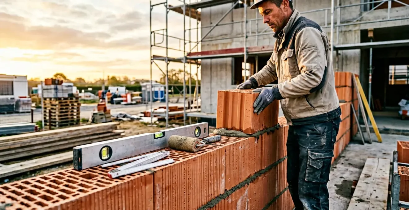 Vue d'ensemble d'un chantier de construction montrant l'élévation de murs en briques collées avec maçon utilisant un niveau et des outils de précision