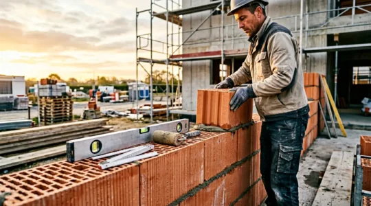 Vue d'ensemble d'un chantier de construction montrant l'élévation de murs en briques collées avec maçon utilisant un niveau et des outils de précision