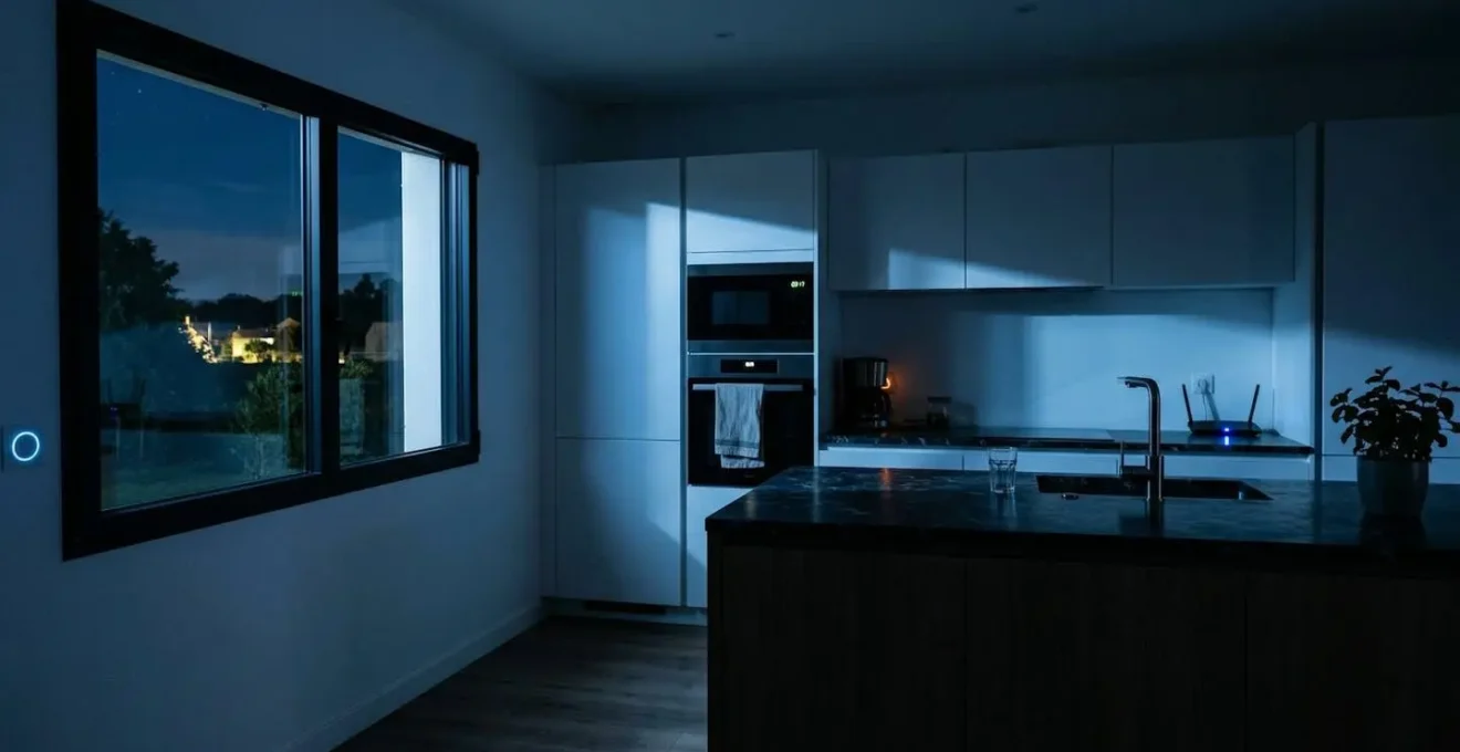 Vue nocturne d'une cuisine française moderne plongée dans la pénombre avec des appareils électroménagers en veille émettant de faibles lueurs