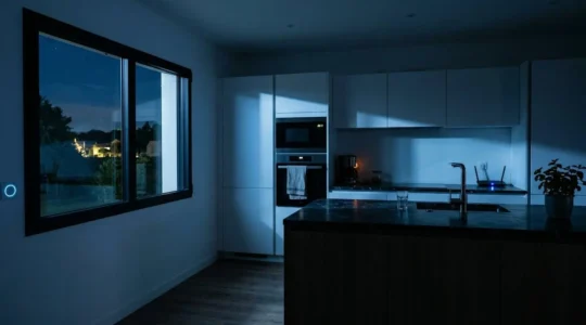 Vue nocturne d'une cuisine française moderne plongée dans la pénombre avec des appareils électroménagers en veille émettant de faibles lueurs