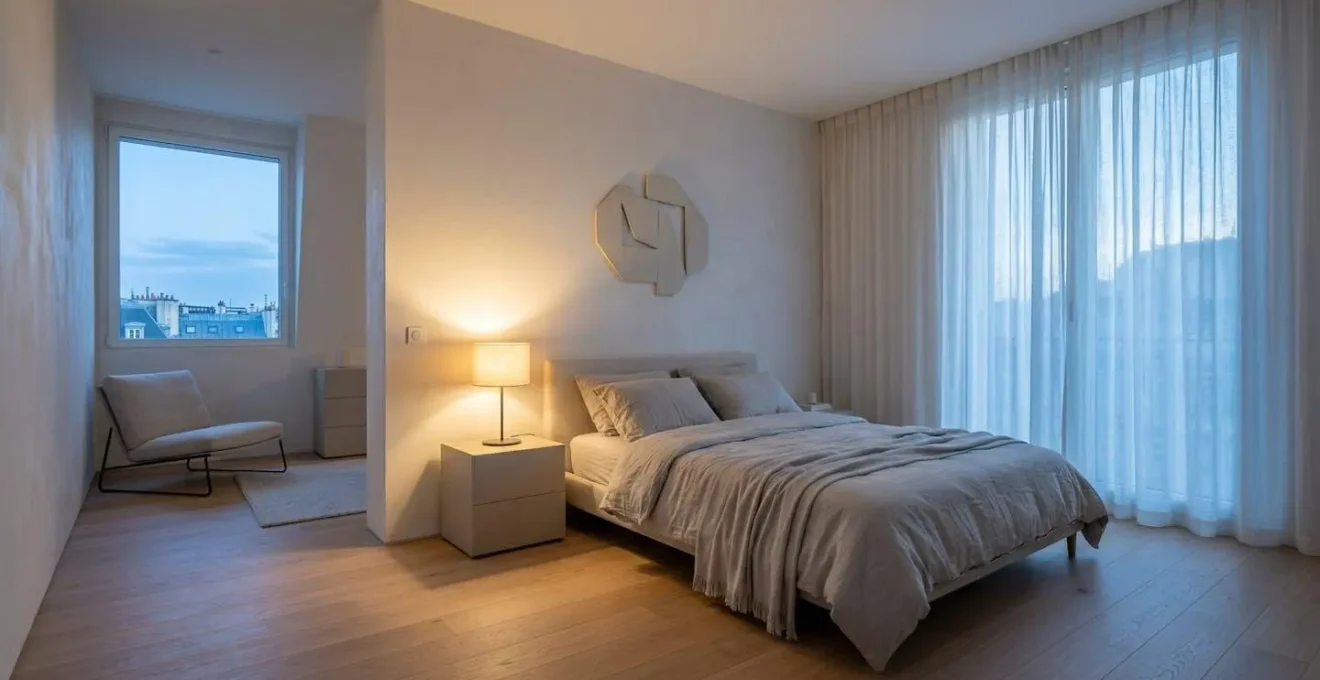 Chambre à coucher moderne avec éclairage LED chaud réglable montrant la transition entre lumière du jour et ambiance nocturne