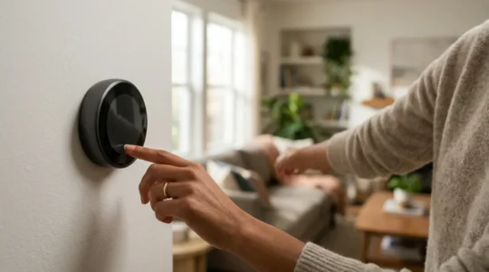 Vue d'une main ajustant un thermostat connecté moderne sur mur avec fond de salon lumineux