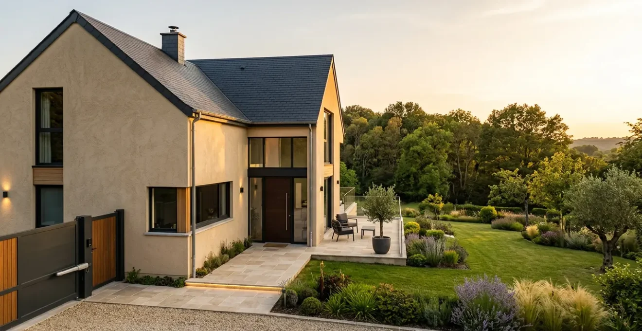 Vue grand angle d'une maison française contemporaine avec façade rénovée aux tons neutres, portail motorisé élégant, terrasse en pierre naturelle et éclairage architectural subtil au crépuscule
