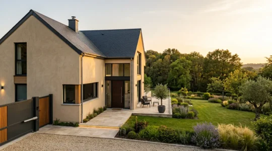 Vue grand angle d'une maison française contemporaine avec façade rénovée aux tons neutres, portail motorisé élégant, terrasse en pierre naturelle et éclairage architectural subtil au crépuscule