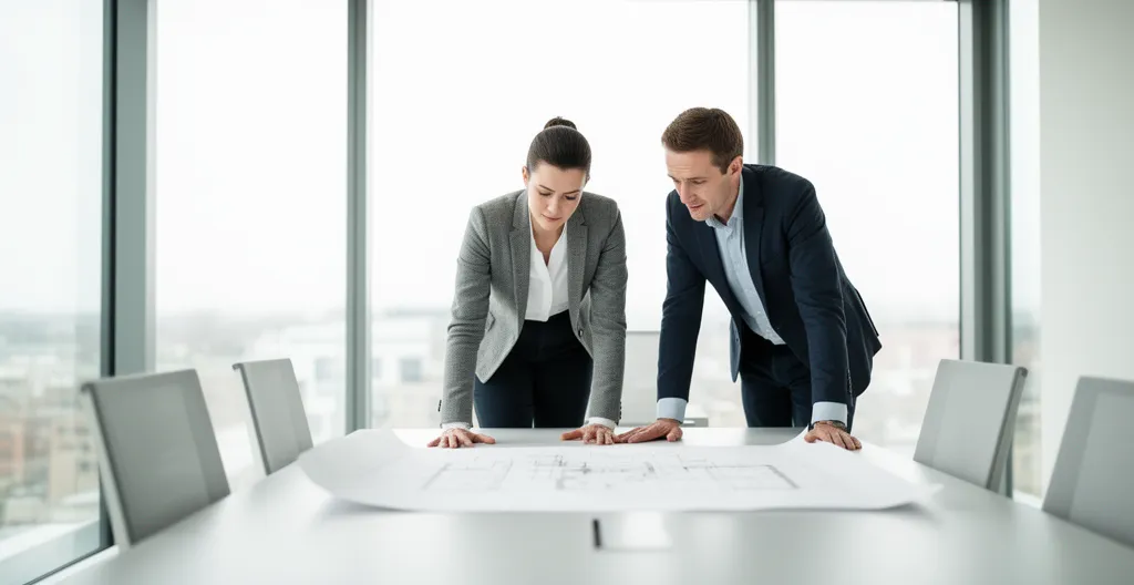 Deux personnes vérifiant des plans de construction sur une table de réunion