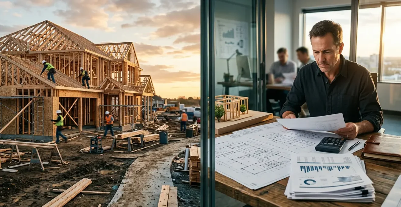 Vue d'architecte examinant des documents financiers avec une maison en construction en arrière-plan