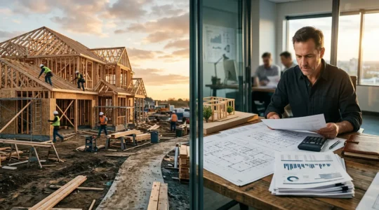 Vue d'architecte examinant des documents financiers avec une maison en construction en arrière-plan