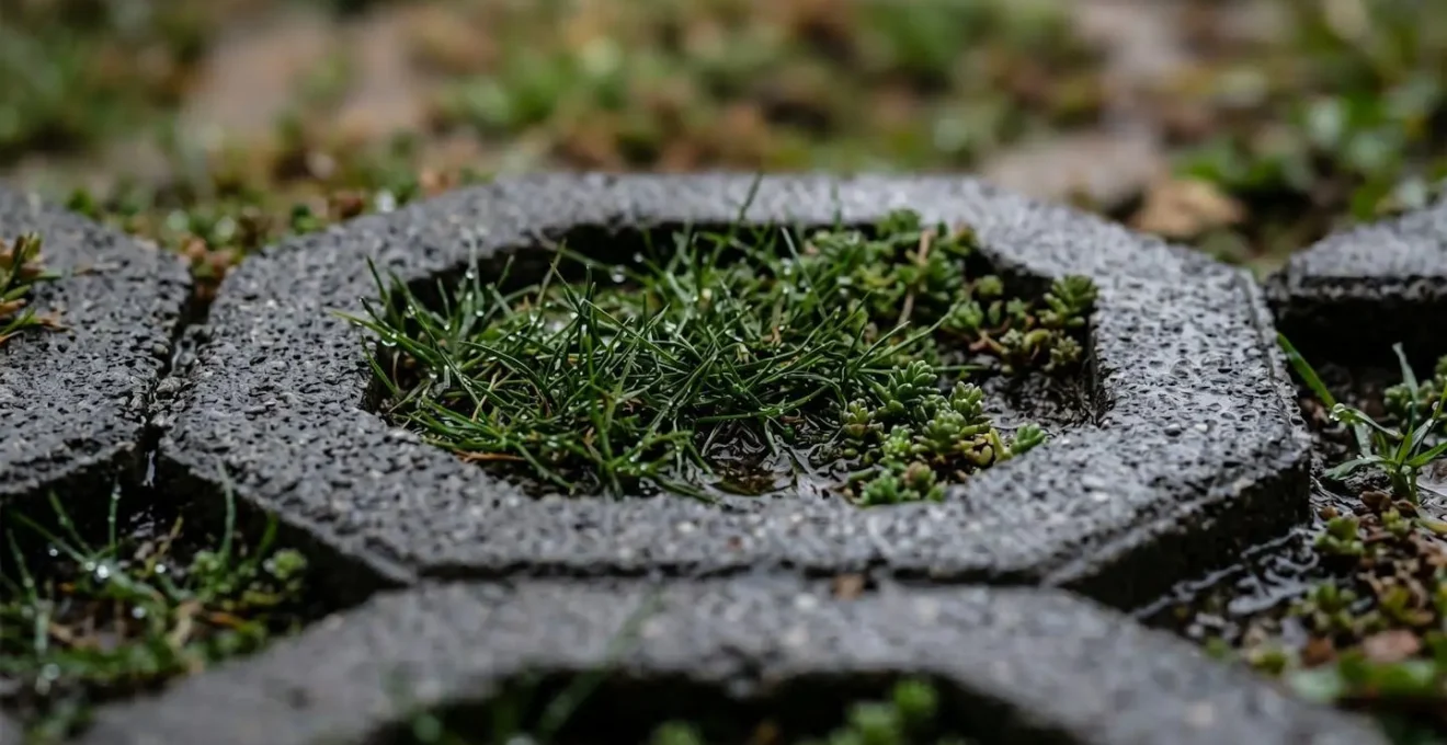 Allée carrossable avec dalles alvéolaires perméables et végétation intégrée