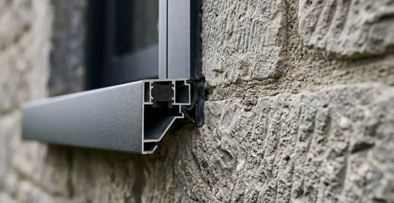 Grande baie vitrée avec menuiserie aluminium noire intégrée dans un mur en pierre de taille, vue de trois-quarts