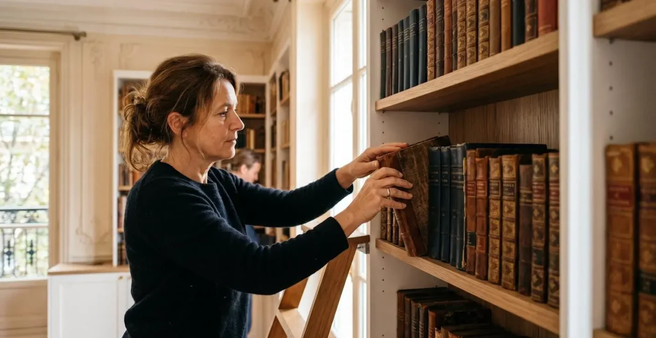 Bibliothèque murale du sol au plafond créée avec des caissons IKEA METOD dans un salon français