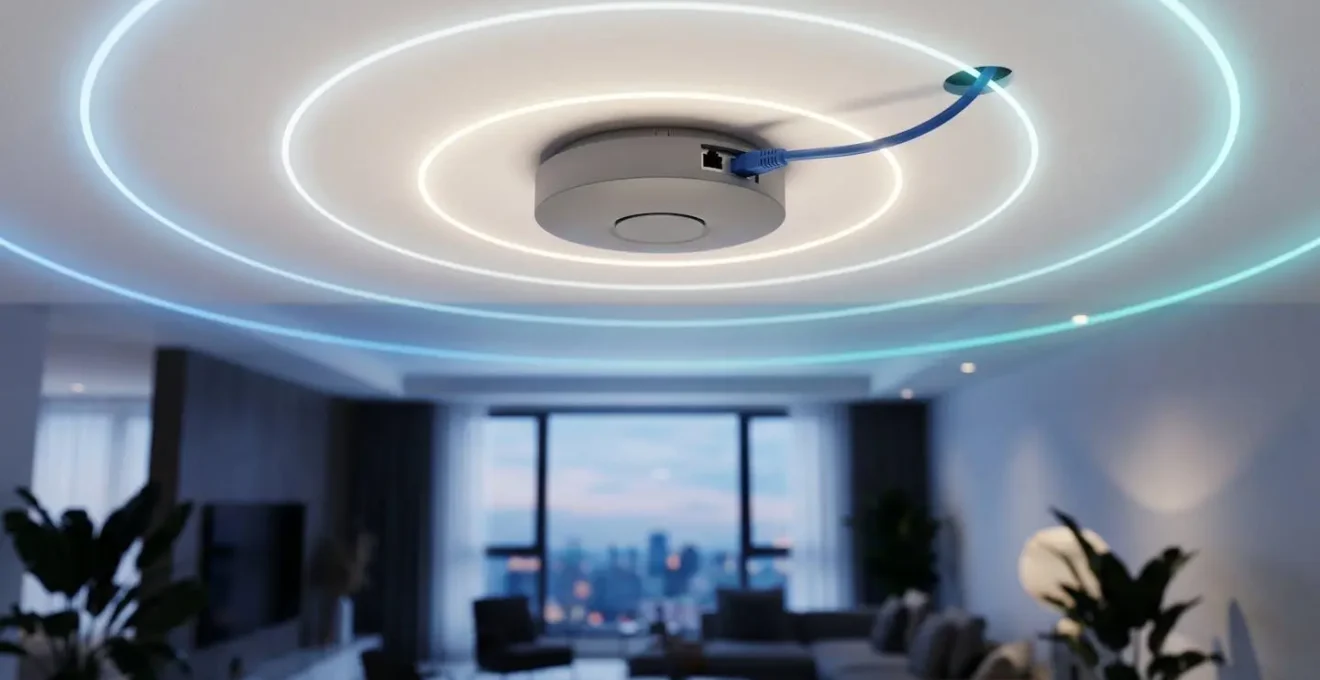 Installation d'une borne WiFi au plafond alimentée par câble RJ45 PoE dans un salon moderne