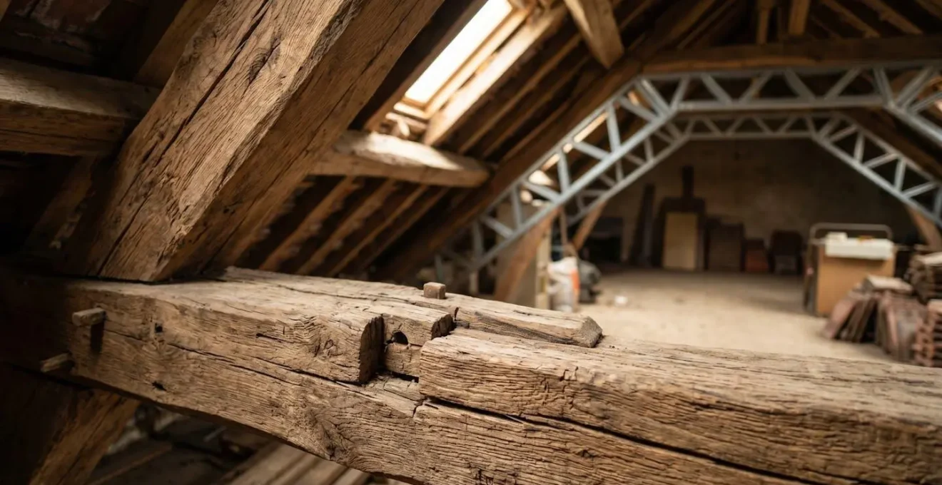 Vue détaillée d'une charpente traditionnelle en bois avec poutres apparentes