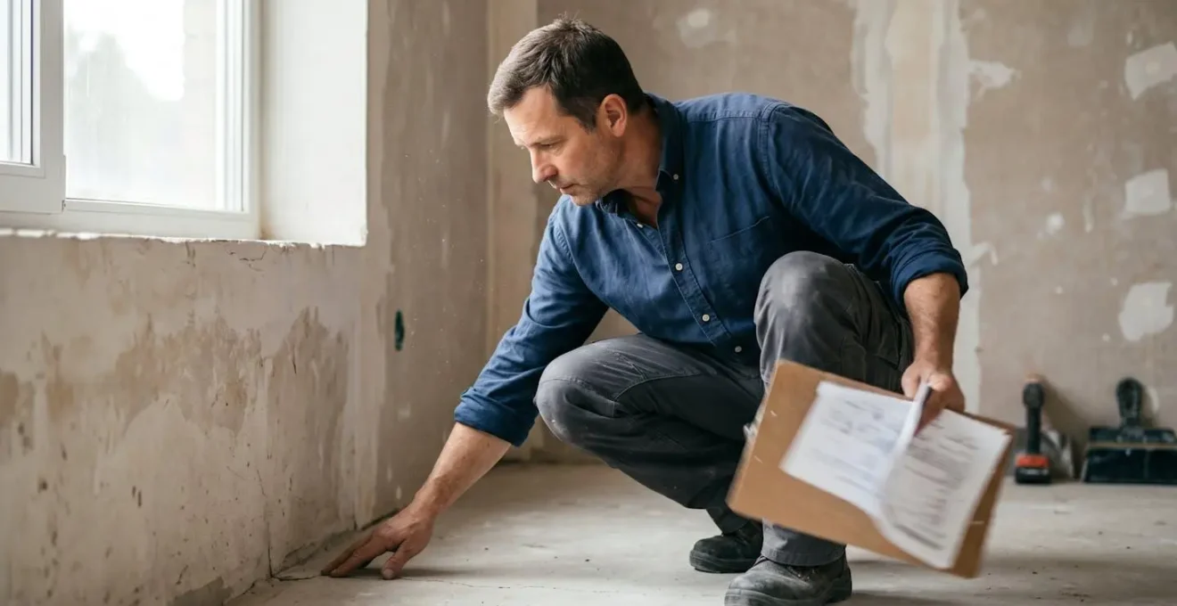 Expert en bâtiment inspectant minutieusement les finitions d'une maison neuve avec une check-list