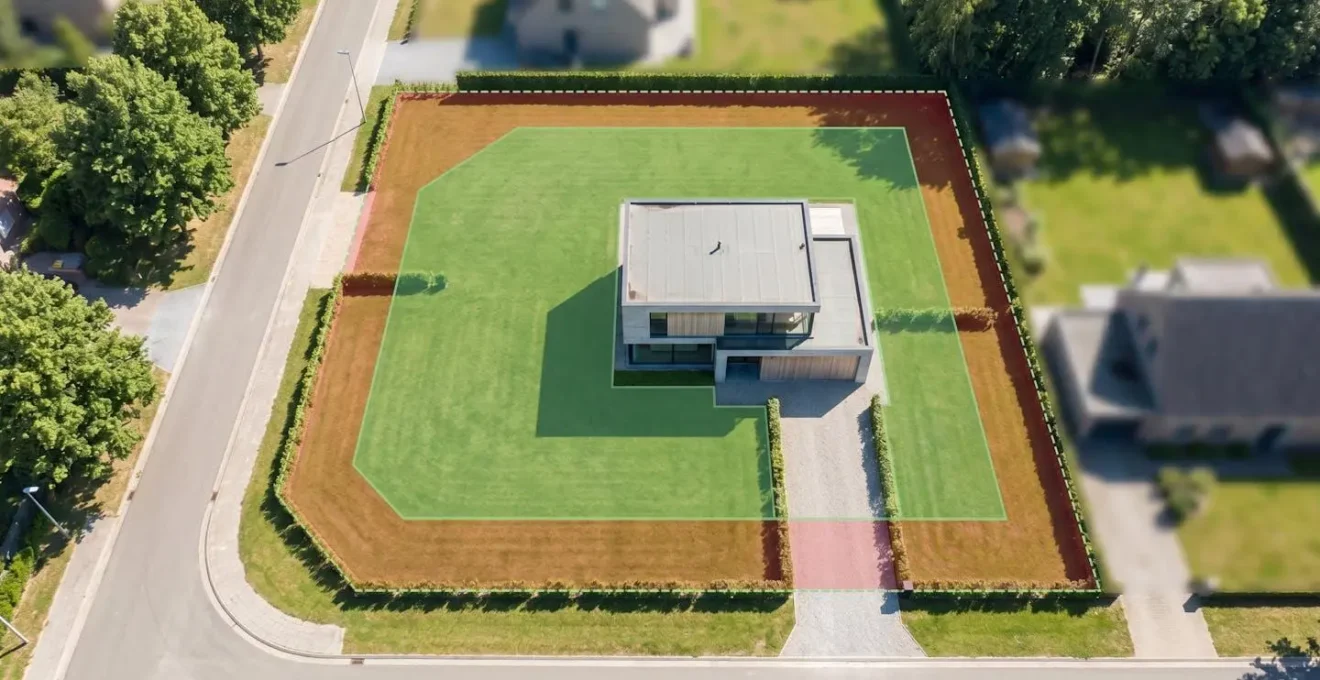 Vue aérienne d'un terrain avec zones constructibles délimitées selon le CES