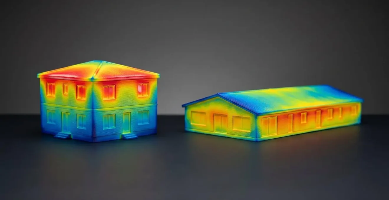 Visualisation de la déperdition thermique entre maison compacte à étage et maison étalée plain-pied