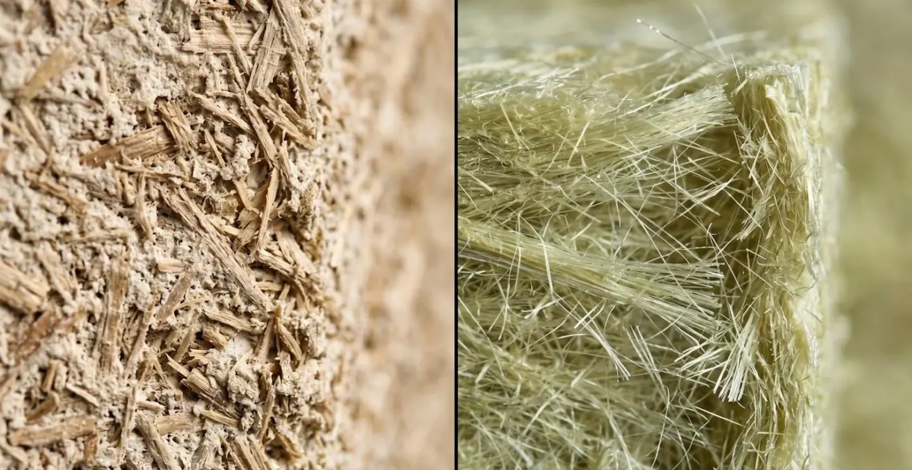 Coupe comparative montrant la structure microscopique du béton de chanvre et de la laine de verre