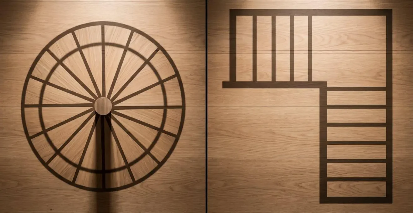 Vue de dessus montrant l'emprise au sol d'un escalier hélicoïdal versus un escalier quart-tournant dans un salon