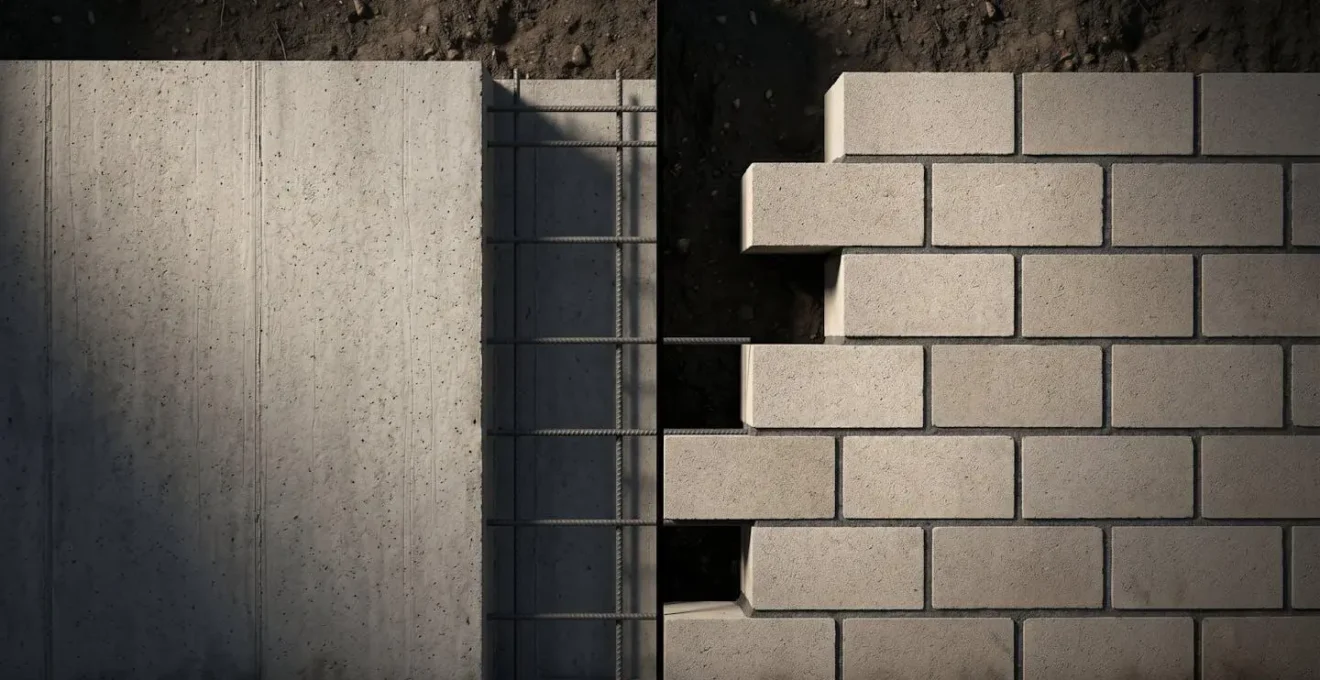 Coupe transversale montrant la différence structurelle entre un mur en béton banché et un mur en parpaing pour sous-sol