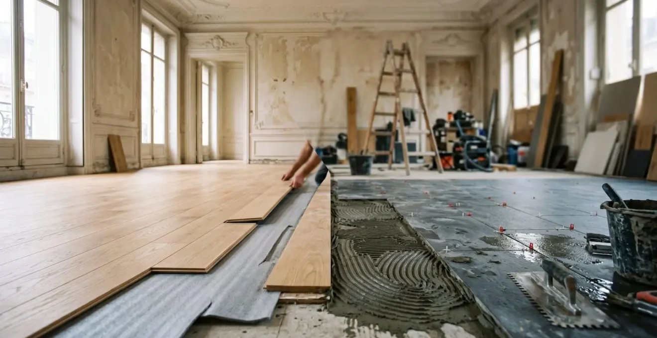 Comparaison visuelle entre la pose d'un parquet flottant et d'un carrelage dans une pièce en rénovation