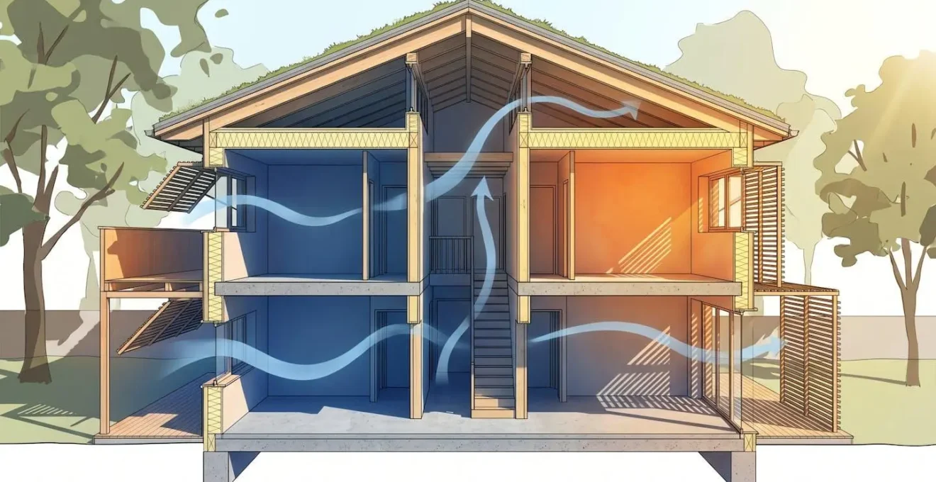 Coupe architecturale d'une maison bioclimatique montrant la circulation d'air naturelle et les protections solaires