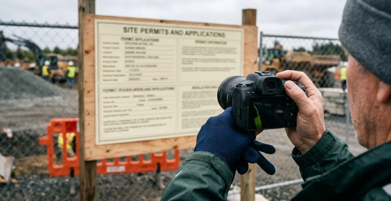 Main d'huissier photographiant un panneau d'affichage de permis de construire sur un chantier, appareil photo professionnel visible