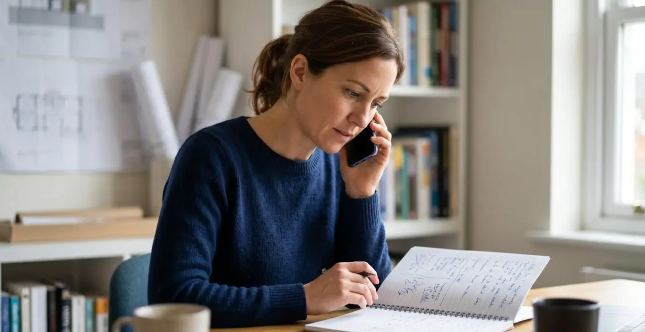 Personne consultant des notes lors d'un appel téléphonique professionnel