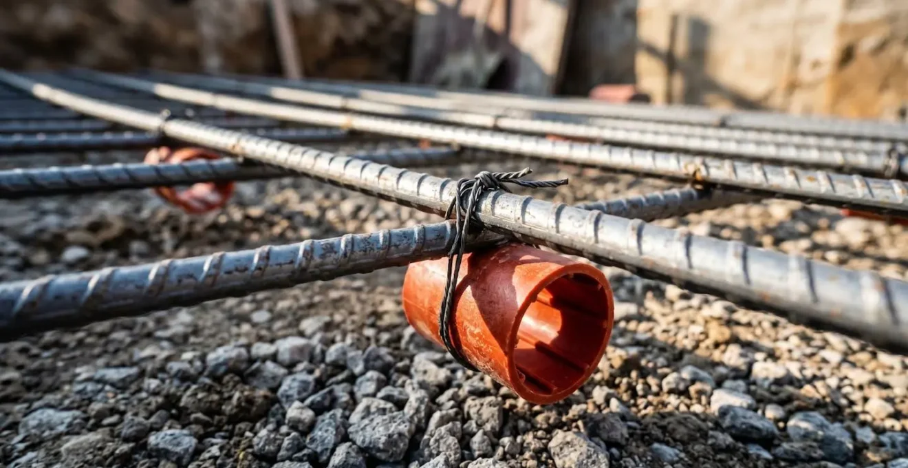 Vue détaillée du ferraillage d'une semelle de fondation avec cales d'enrobage et armatures correctement positionnées