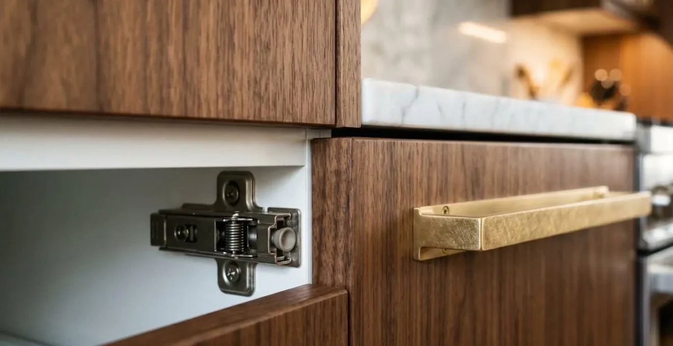 Cuisine transformée avec caissons IKEA et façades haut de gamme en noyer, montrant le résultat luxueux d'un IKEA hack réussi