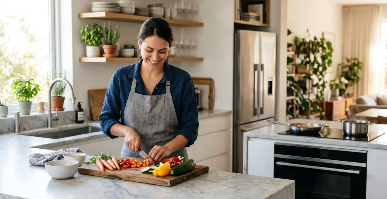 Cuisine moderne avec îlot central fonctionnel et rangements optimisés