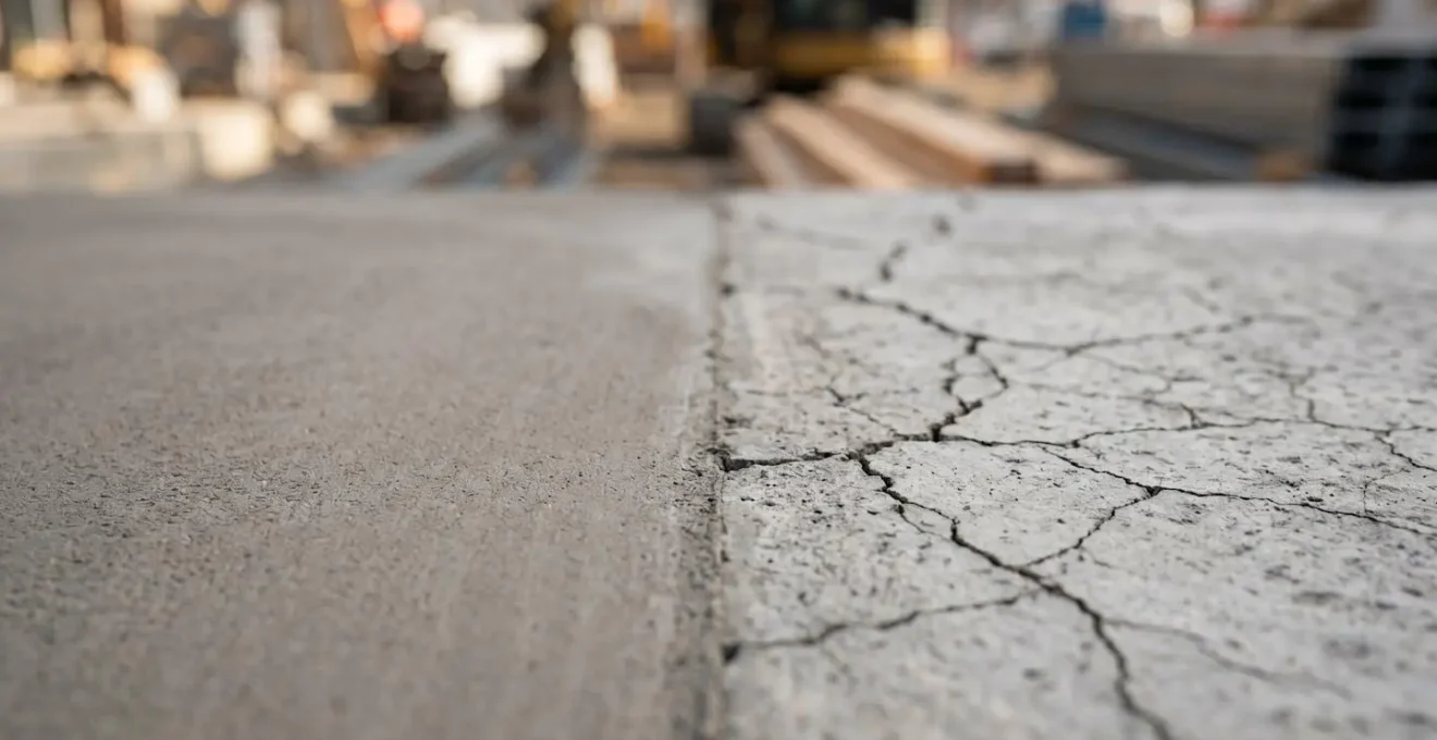 Gros plan macro sur surface de béton montrant la différence entre béton correctement protégé et béton fissuré par choc thermique