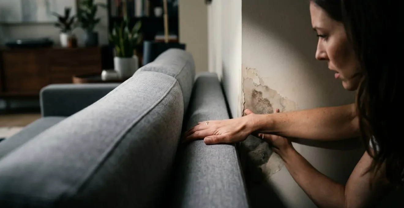 Main touchant un mur derrière un canapé élégant révélant une trace d'humidité