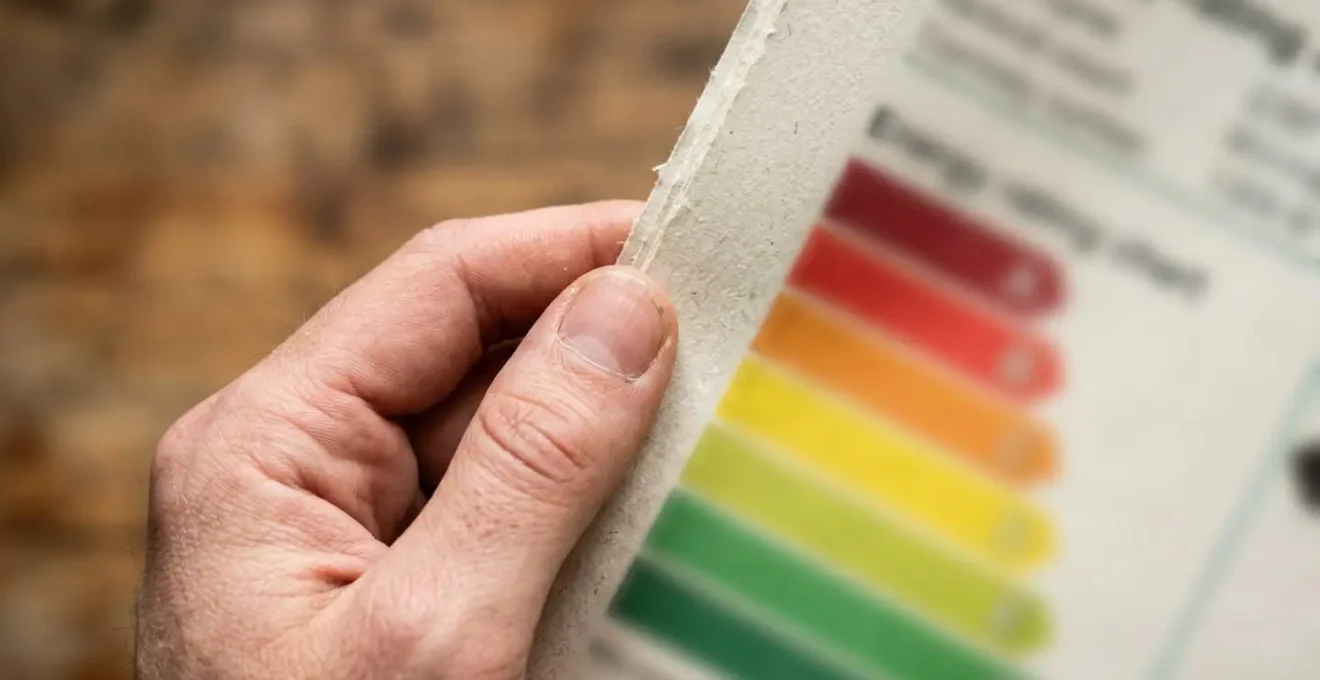 Gros plan macro sur une main tenant un diagnostic de performance énergétique avec des barres colorées floues en arrière-plan