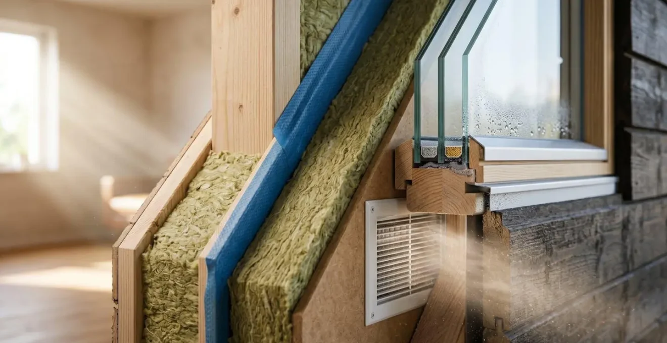 Maison moderne avec isolation thermique visible et équipements énergétiques performants